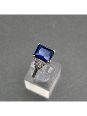 Vintage Sterling Silver Lab Sapphire Ring Size 6 Emerald Cut Cocktail Statement